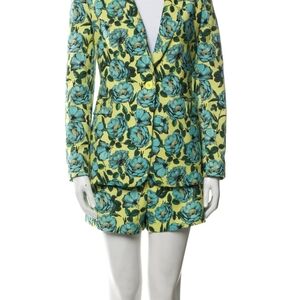 Alice + Olivia Yellow and Blue Floral Blazer And Shorts Plus Satin Blouse Set